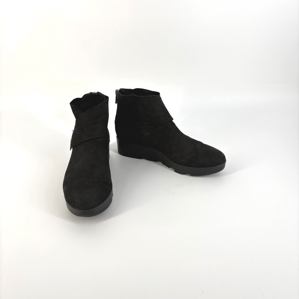 Eileen Fisher Ankle Boots Women 8.5 Black Suede Snap Wrap Platform Wedge Zip